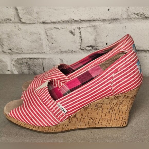 TOMS Red Striped Wedge Shoes - Picture 3 of 11